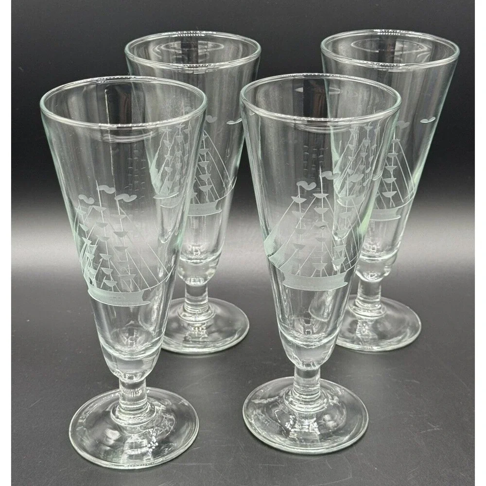 Vintage Etched Clipper Ship & Birds Pilsner Glasses Footed Beer Goblets Set 4